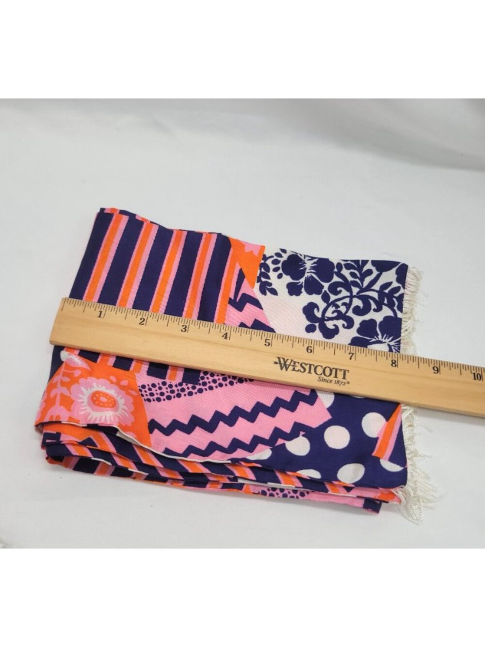 Vtg 60s Orange Purple Pink Patchwork Scarf Fringe Trim 64"x6" Groovy Retro Style - Picture 3 of 15